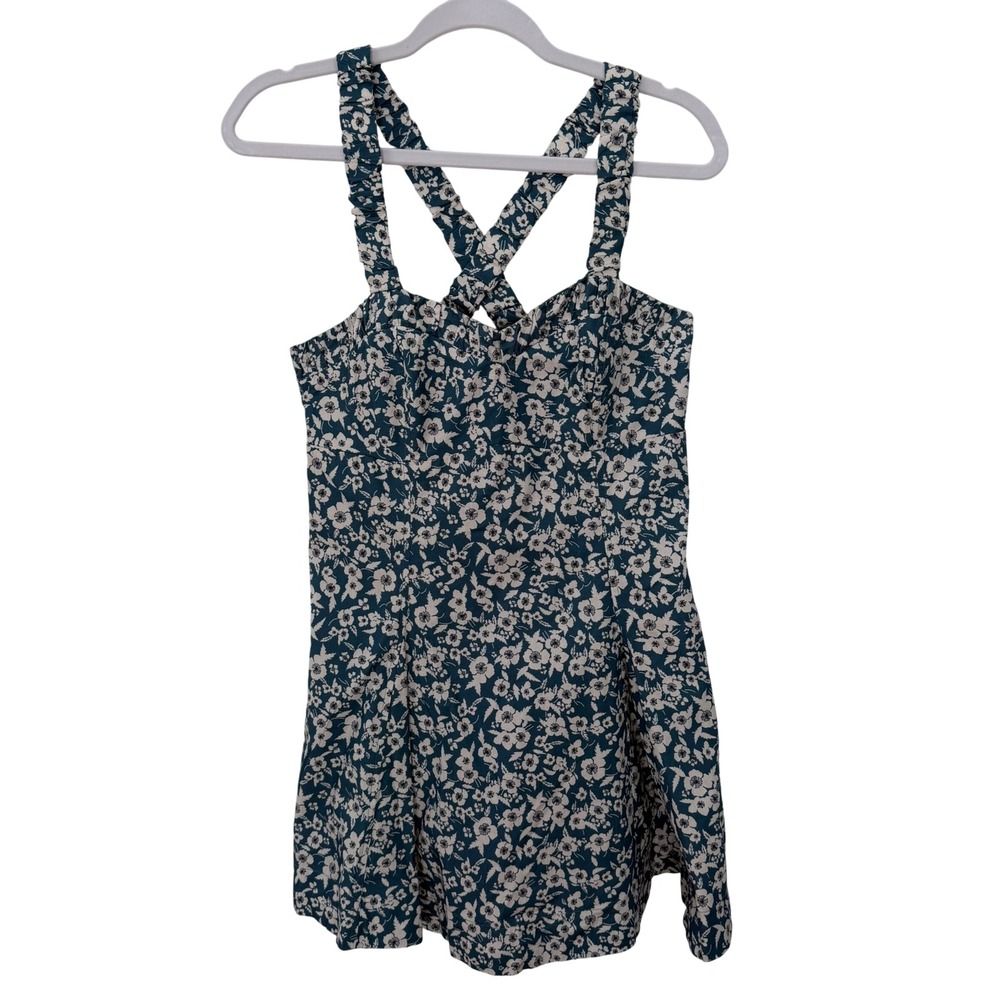 Maeve Anthropologie Sun Dress Teal White Floral Sleeveless Smocked Back SZ Small